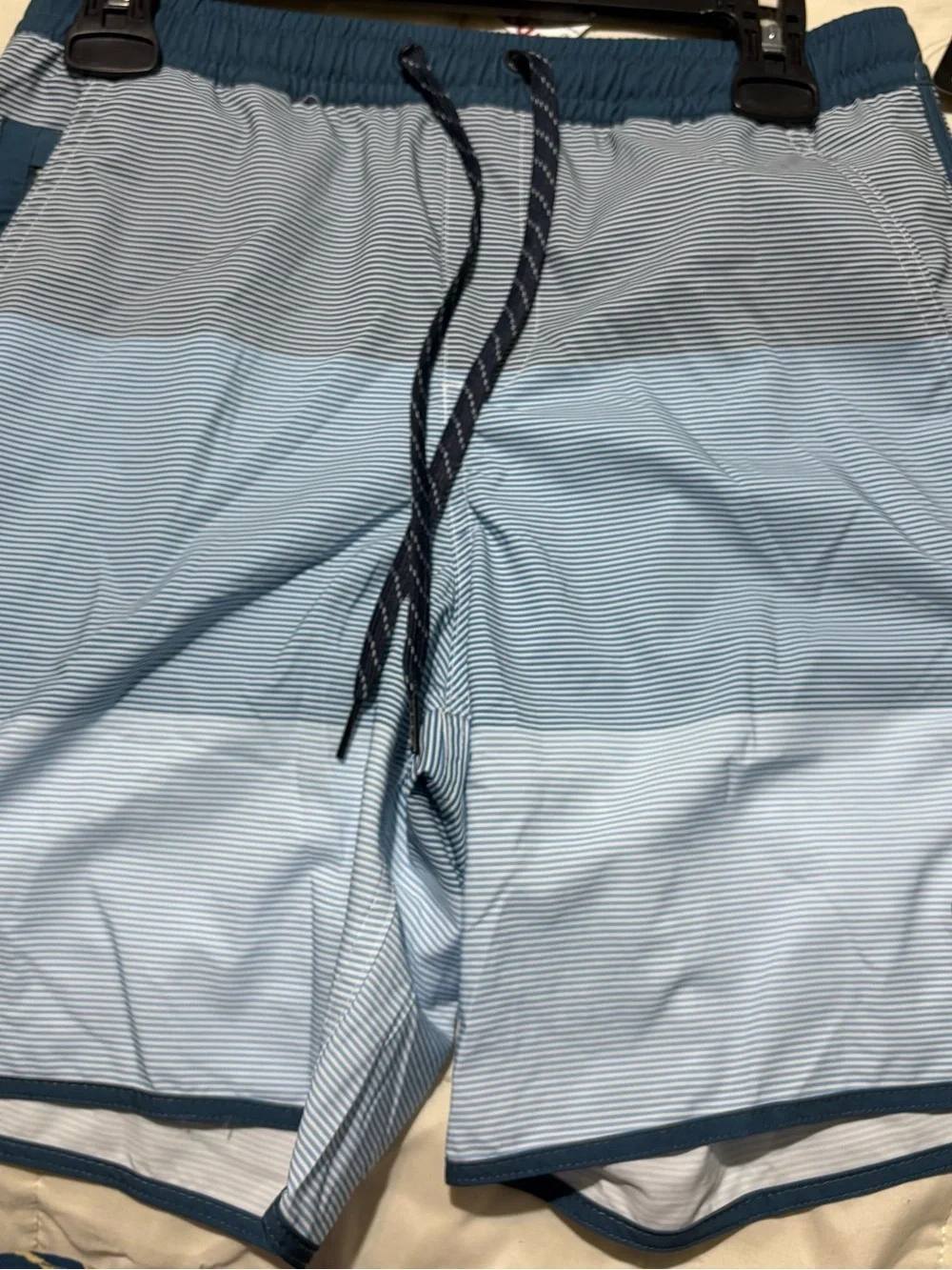 Quiksilver Light Blue Striped Swim Trunks with Navy Trim